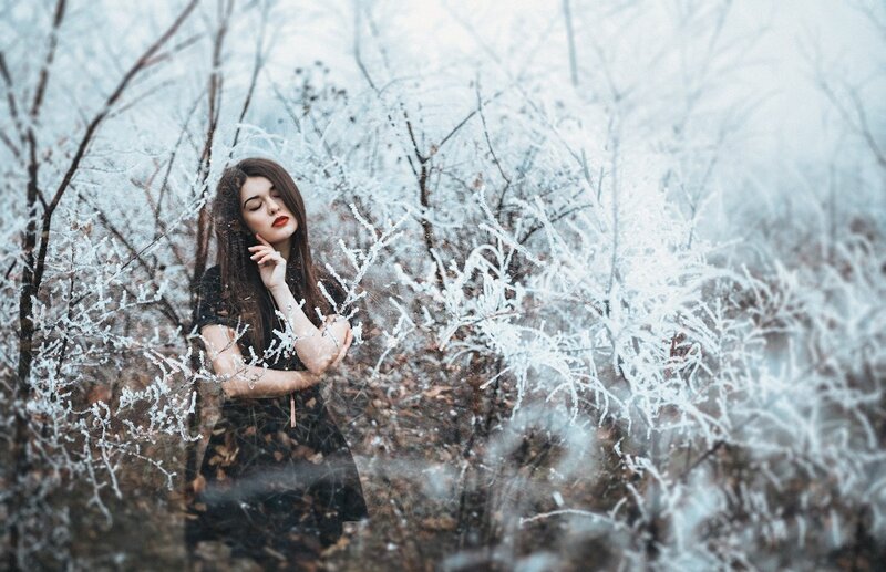Woman in Winter Forest — White, Cold