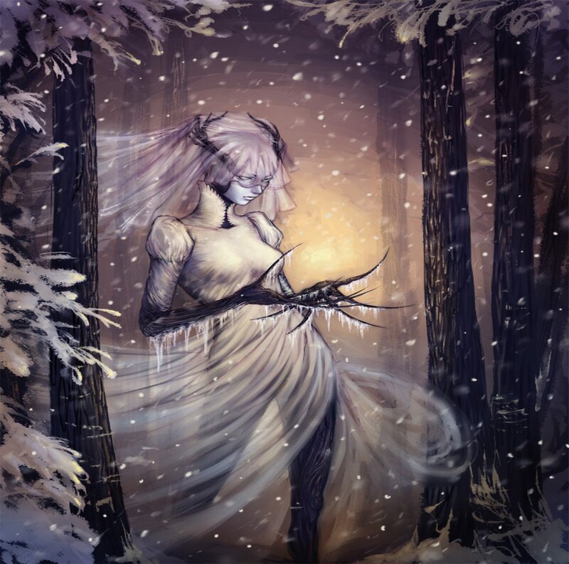 Woman in Winter Forest — White, Dramatic