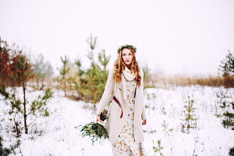 Woman in Winter Forest — White, Serene, Photograph, Flower Crown