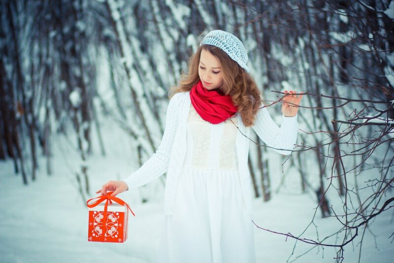 Woman in Winter Forest — White, Serene, Photograph, Scarf