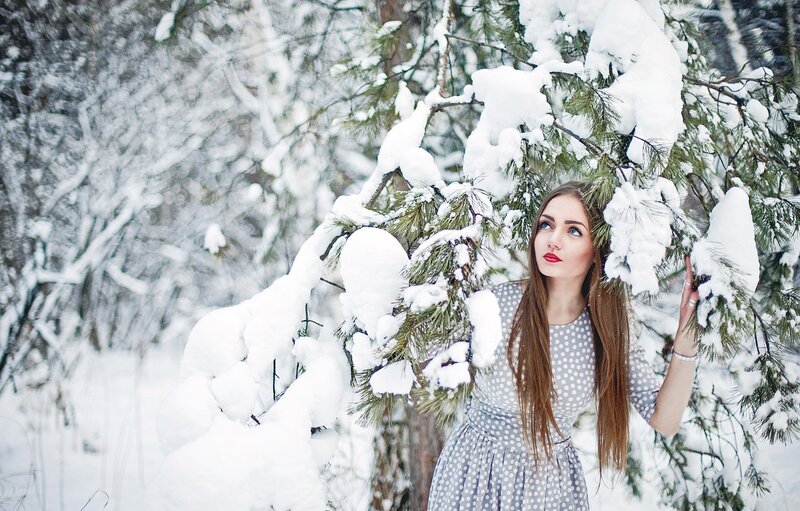 Woman in Winter Forest — White, Serene, Photograph, Snow, Pine Tree