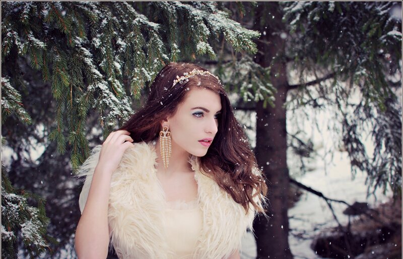 Woman in Winter Forest — White, Serene, Photograph, Snow, Pine Trees