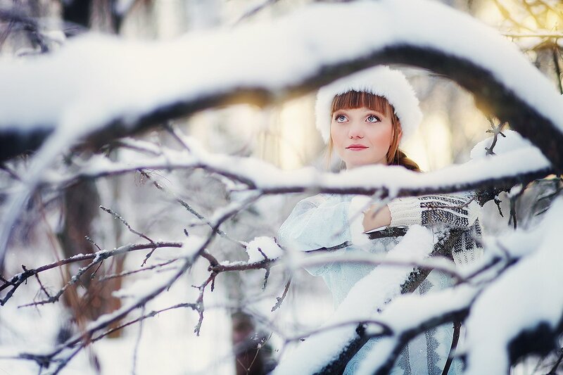 Woman in Winter Forest — White, Serene, Photograph, Snow, Trees, Hat