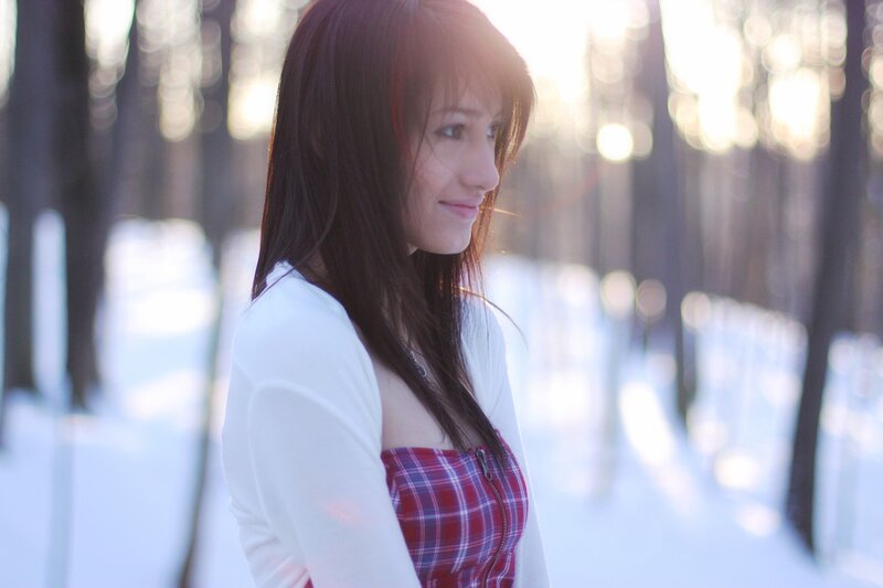 Woman in Winter Forest — White, Serene, Photograph, Snow, Trees, Sunlight