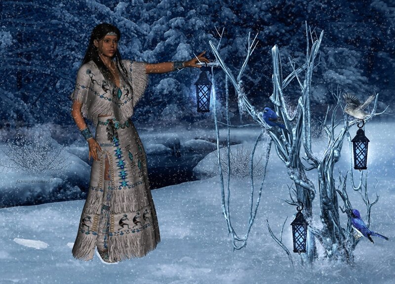 Woman in winter forest with lanterns