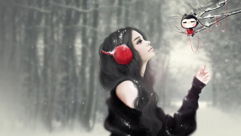 woman in winter forest with red earmuffs