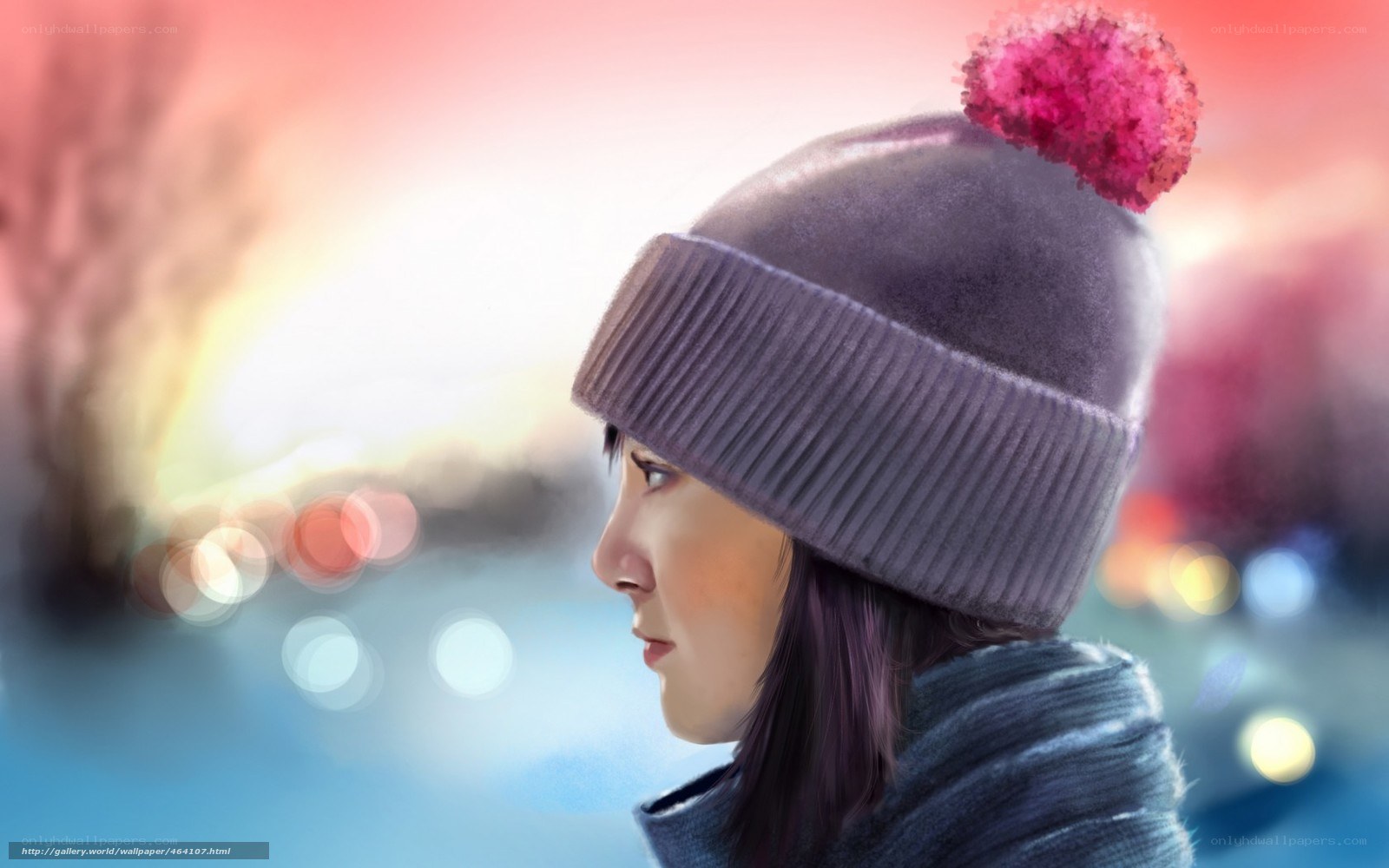 woman in winter hat at sunset