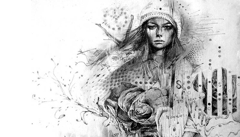Woman in Winter Hat — Black, Dramatic, Illustration