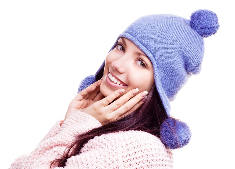 Woman in Winter Hat — Blue, Happy, Photograph