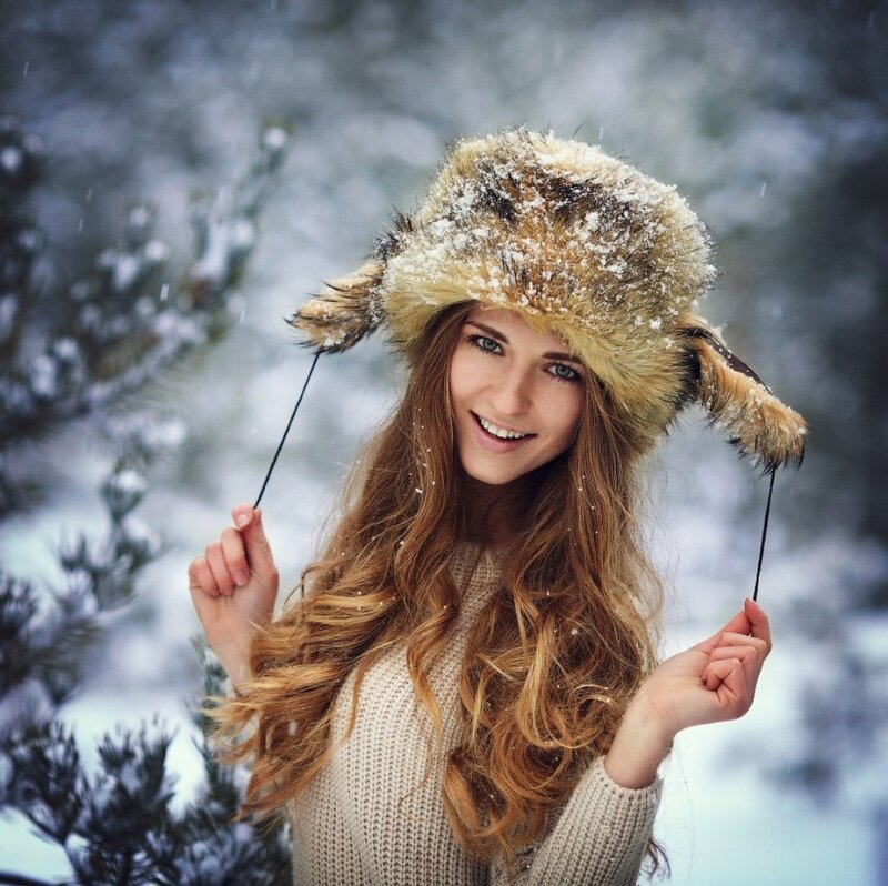 Woman in Winter Hat — White, Calm, Photograph, Snow