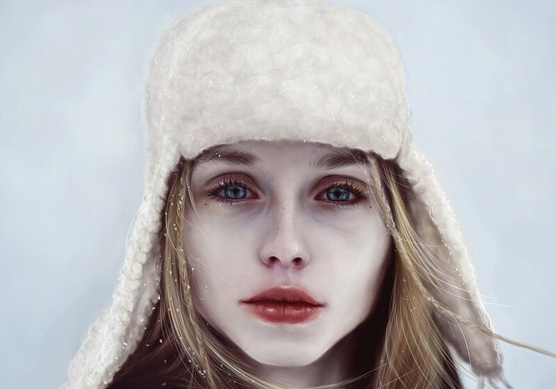 Woman in Winter Hat — White, Cold, Digital Art