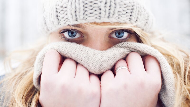 Woman in Winter Hat — White, Cold, Photograph, Blue Eyes