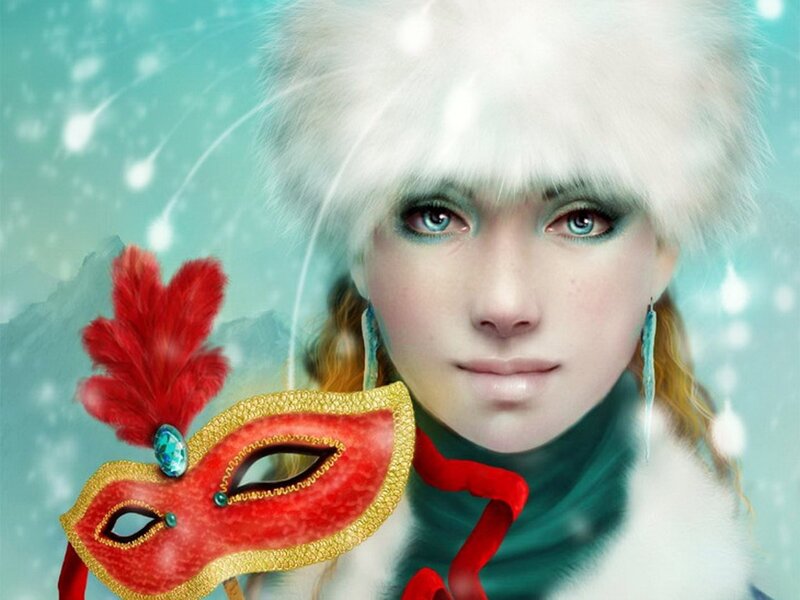 Woman in Winter Hat — White, Festive, Digital Art