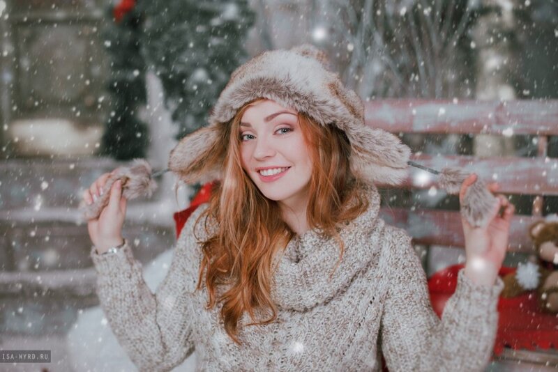 Woman in Winter Hat — White, Festive, Photograph, Snow