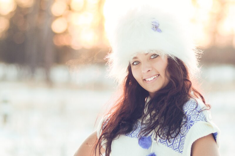 Woman in Winter Hat — White, Serene, Photograph, Snow, Trees