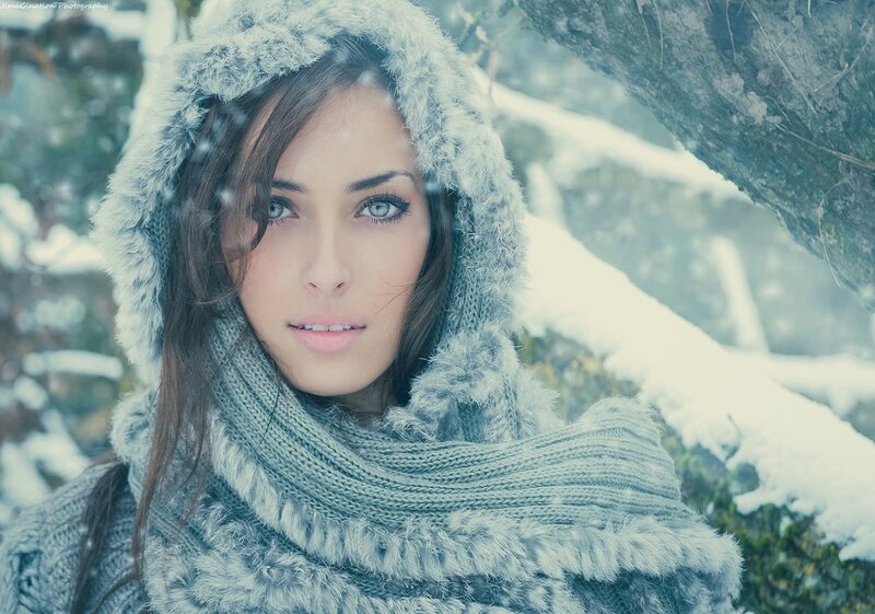 Woman in Winter Hood — Gray, Cold, Photograph