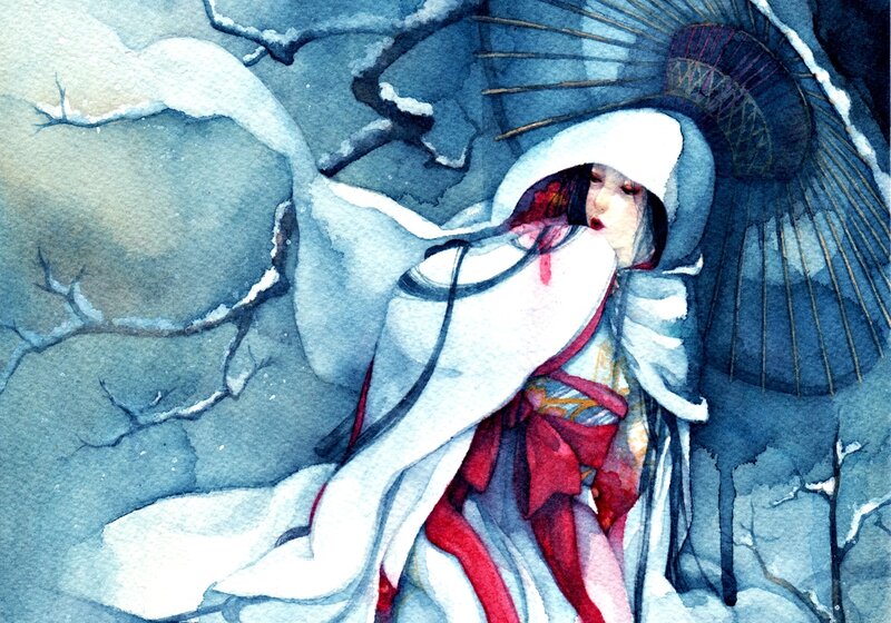 Woman in Winter Kimono — White