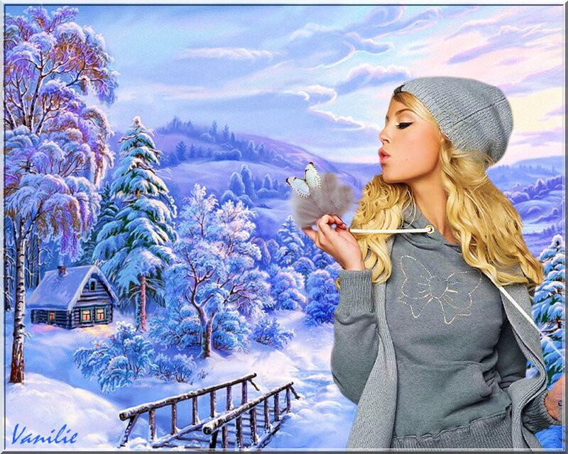 Woman in Winter Landscape — Blue, Serene, Digital Art, Butterfly