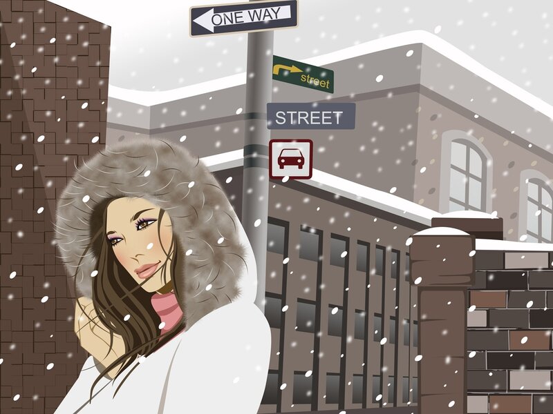 Woman in winter on snowy street