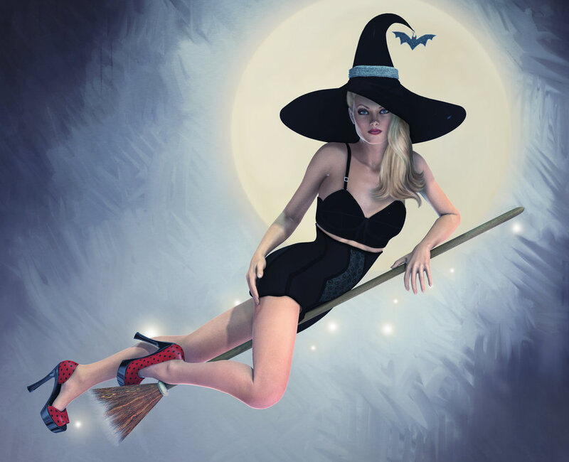 Woman in Witch Costume — Black, Dramatic, Night, Digital Art, Broomstick