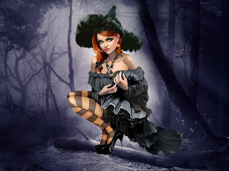 Woman in Witch Costume — Black, Dramatic, Night, Digital Art, Forest