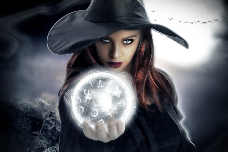 Woman in Witch Costume — Black, Dramatic, Night, Digital Art, Hat, Crystal Ball