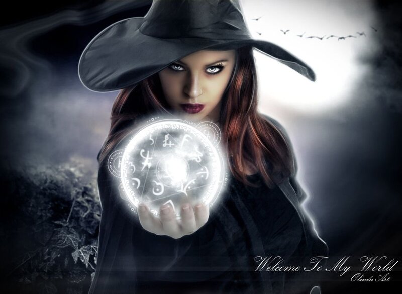Woman in Witch Costume — Black, Dramatic, Night, Digital Art, Hat