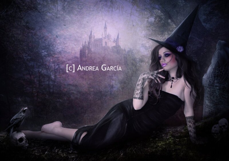 Woman in Witch Costume — Black, Mysterious, Night, Digital Art
