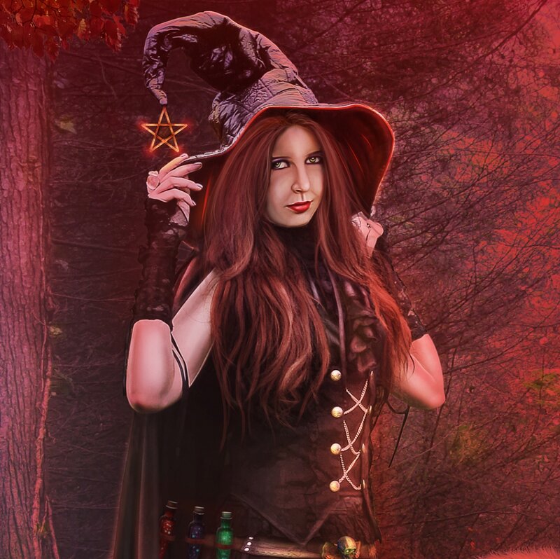 Woman in Witch Costume — Red, Dramatic, Autumn