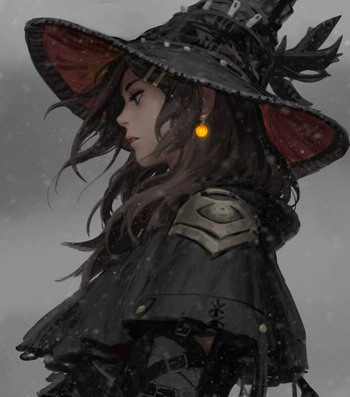 Woman in Witch Hat — Gray, Dramatic