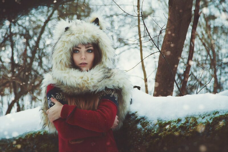Woman in Wolf Hat — White