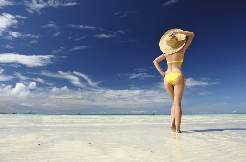 Woman in Yellow Bikini — Blue, Serene, Afternoon, Photograph, Straw Hat