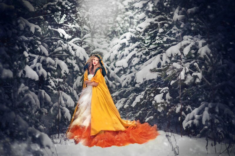 Woman in Yellow Cloak — Dramatic, Winter, Digital Art