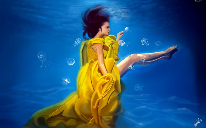 Woman in Yellow Dress — Blue, Serene, Digital Art