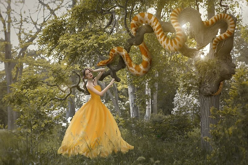Woman in Yellow Dress — Dramatic, Afternoon, Digital Art, Snake