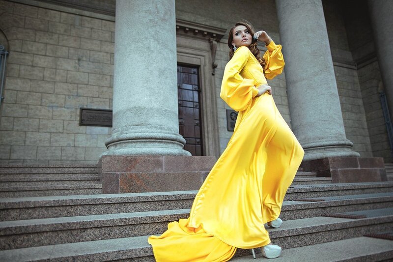 Woman in Yellow Dress — Dramatic, Afternoon, Photograph, Steps