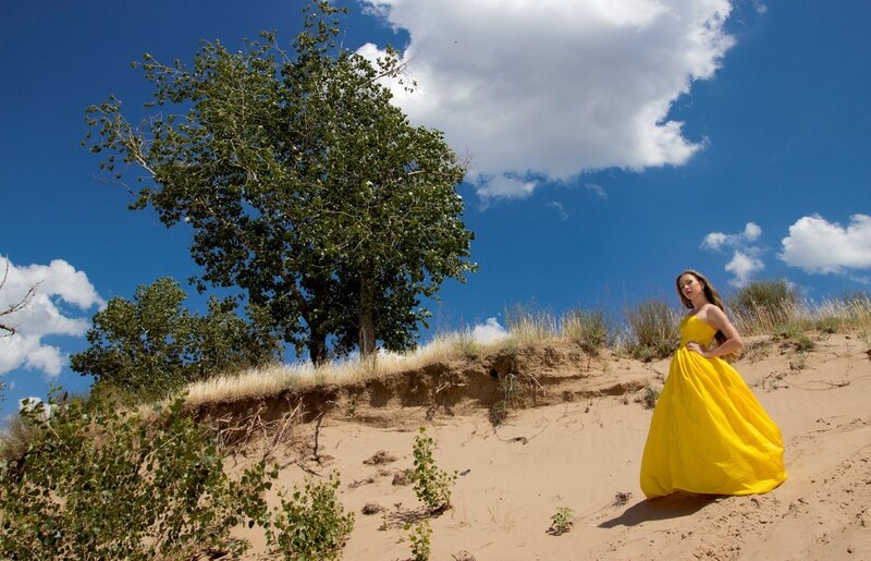 Woman in Yellow Dress — Dramatic, Afternoon, Photograph, Tree
