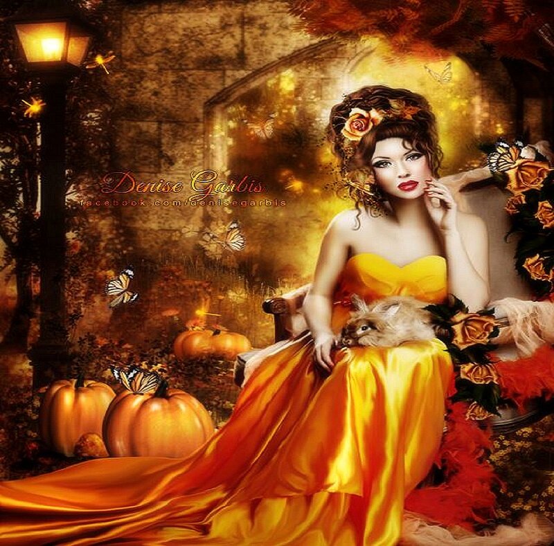 Woman in Yellow Dress — Dramatic, Autumn, Digital Art, Pumpkins