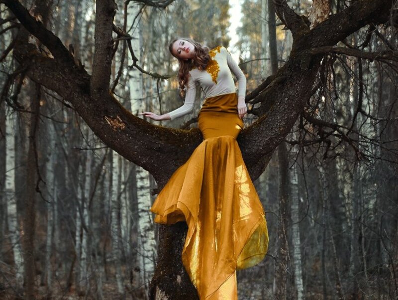 Woman in Yellow Dress — Dramatic, Autumn, Photograph, Forest