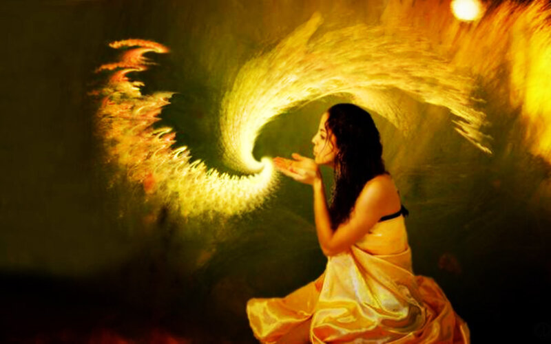 Woman in Yellow Dress — Dramatic, Digital Art, Light Swirl