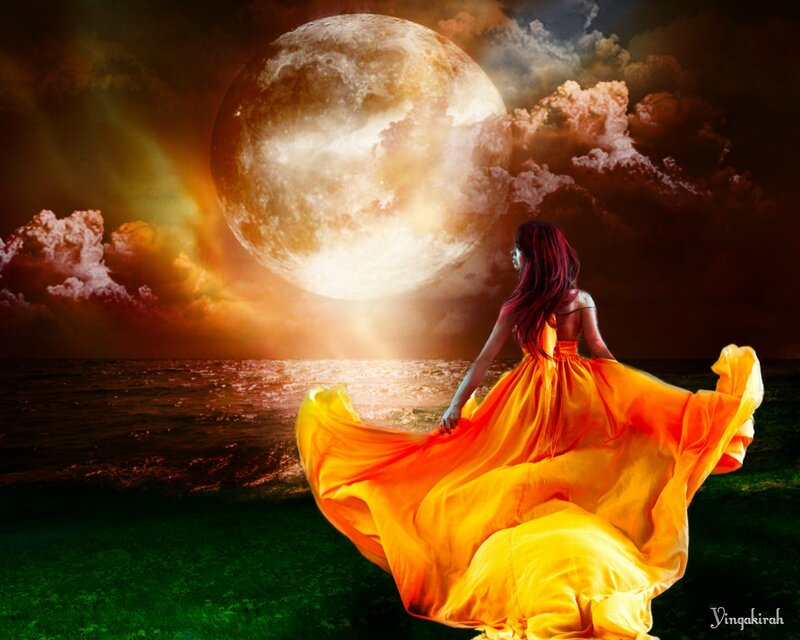Woman in Yellow Dress — Dramatic, Night, Digital Art, Moon