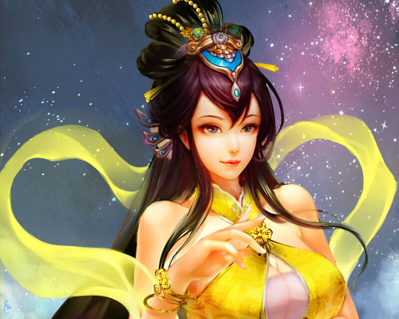 Woman in Yellow Dress — Dramatic, Night, Digital Art, Starry Sky