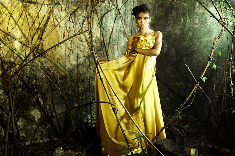 Woman in Yellow Dress — Dramatic, Night, Photograph, Branches