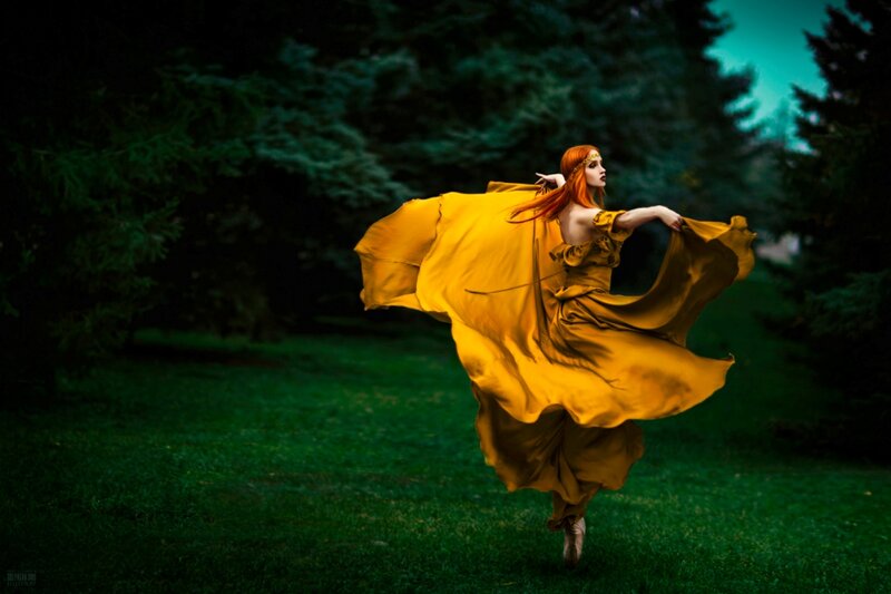 Woman in Yellow Dress — Dramatic, Night, Photograph, Trees
