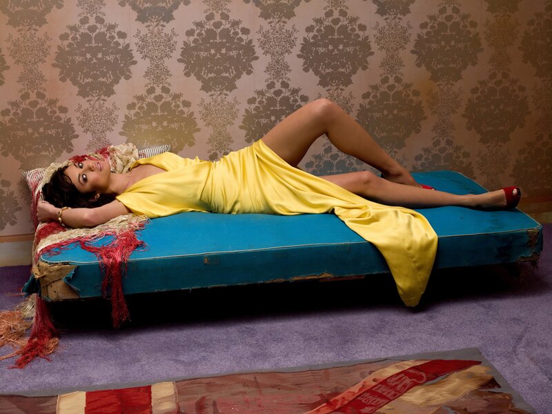 Woman in Yellow Dress — Dramatic, Photograph, Blue Couch