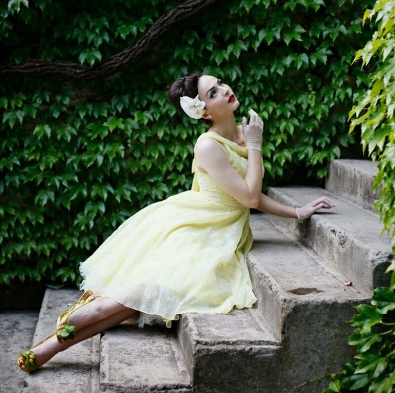 Woman in Yellow Dress — Dramatic, Photograph, Flower, Steps