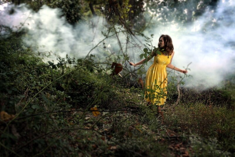 Woman in Yellow Dress — Dramatic, Photograph, Smoke, Trees