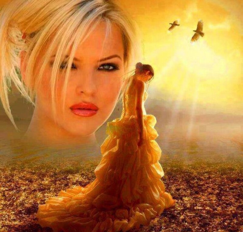 Woman in Yellow Dress — Dramatic, Sunset, Digital Art, Birds