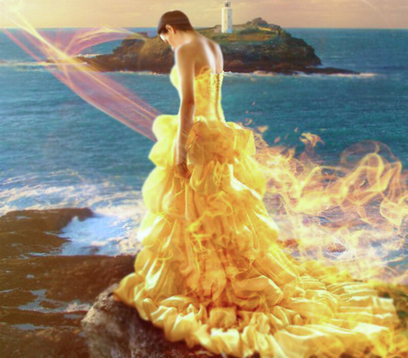 Woman in Yellow Dress — Dramatic, Sunset, Digital Art, Ocean
