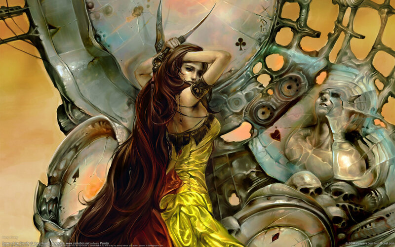 Woman in Yellow Dress — Dramatic, Sunset, Digital Art, Sword